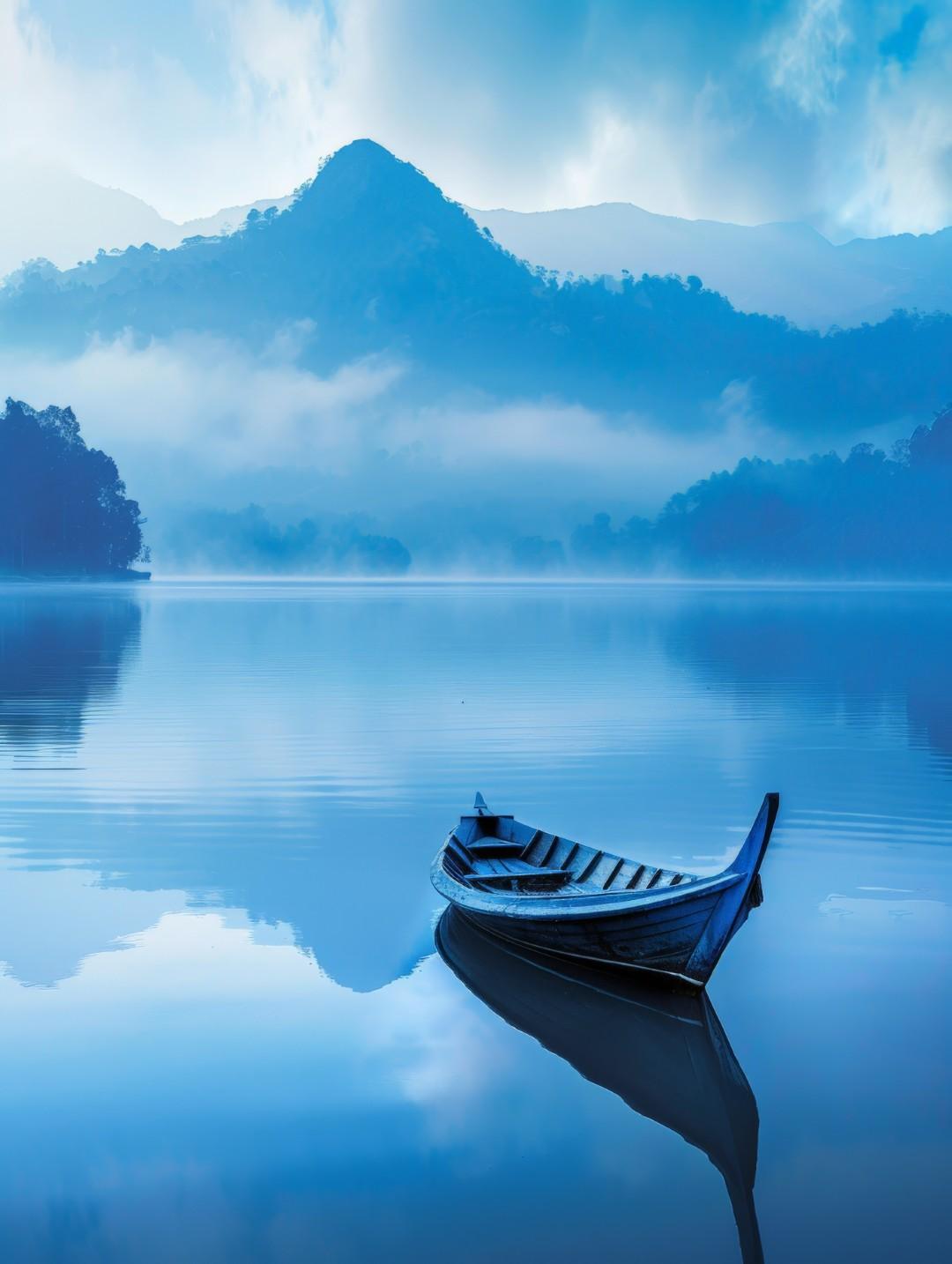 small-boat-floating-on-top-of-lake_47993946 A small boat floating on a still lake
